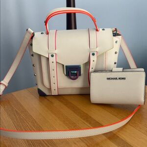 Michael Kors Optic White and Neon Satchel/Crossbody Leather with Walket